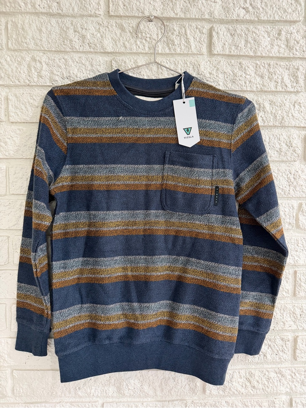 VISSLA Quiver Pocket Blue Striped Crewneck Sweatshirt with Stripes